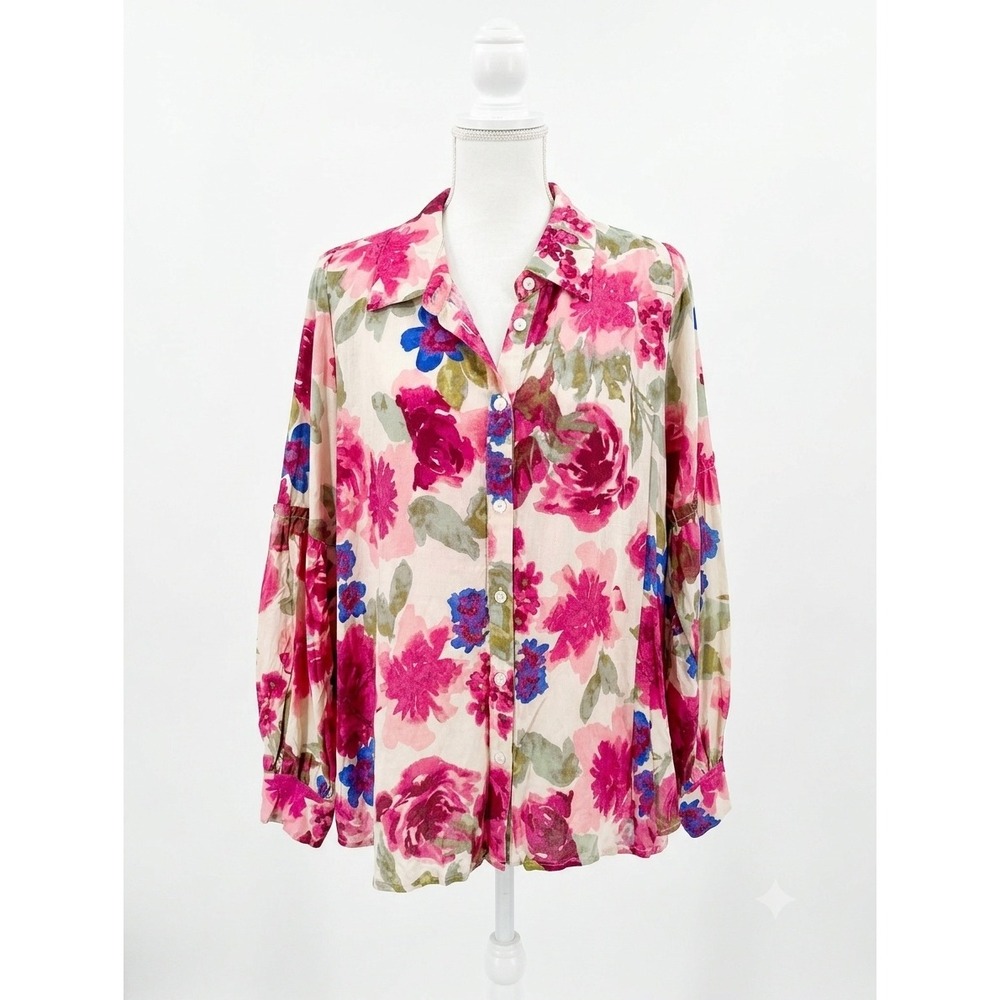 Emily Wonder Women 2X Floral Button Down Shirt Pink Magenta Long Sleeve Top NEW‎